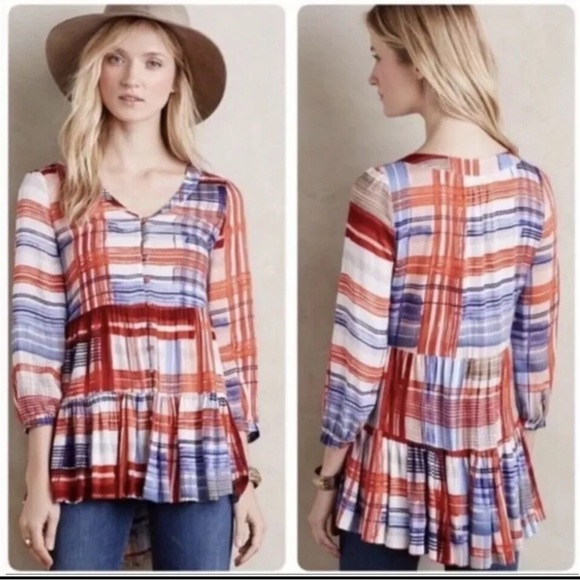 MAEVE ANTHROPOLOGIE RED BLUE PLAID FLOWY 3/4 Sleeve Blouse TUNIC TOP XS EUC - Picture 3 of 12